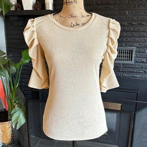 Women's City Sleek Heathered Tan Ruched Short-Sleeve Top, size L